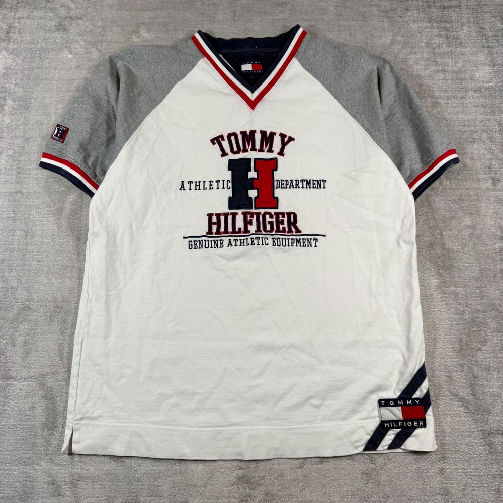 Tommy Hilfiger Shirt Mens Large White Grey Raglan Dept Vtg 90s Jersey Style